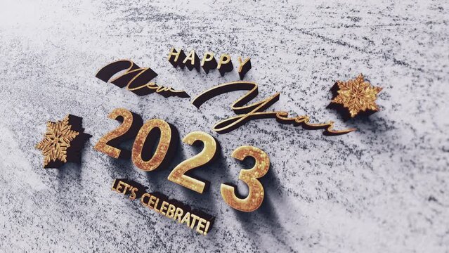 3D animation of 2023 Happy New Year glittering gold crome text on wood paper texture cinematic title. Ending cover for end scence trailer winter snow, Christmas and New year event background