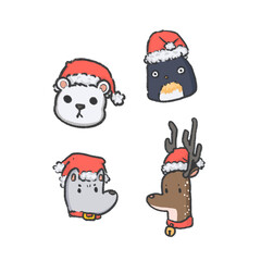 Fototapeta premium Set of cartoon christmas animal head with santa hat.