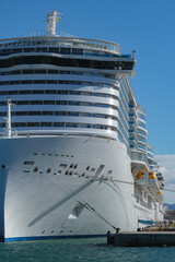 Costa cruiseship or cruise ship liner Toscana in Marseille Provence port on sunny day blue sky during Mediterranean cruise dream vacation
