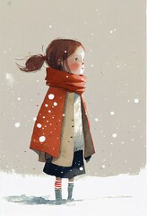 cute kid girl young  wearing red Christmas scarf in the snow, concept art illustration  - 550522147