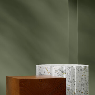 template mockup marble and wood block podium in square green shadow wall 3D image render