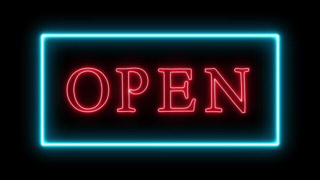 Animation of We're Open Neon Sign Background Seamless Looping. Pack of 4k animation of a neon open sign blinking for night storefront, restaurant, motel and night business