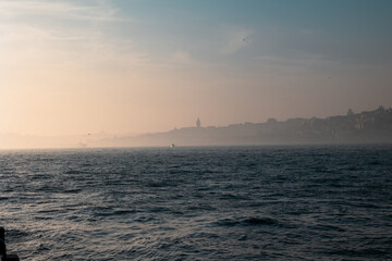 Istanbul at foggy weather. Istanbul view with fog and silhouette of Galata
