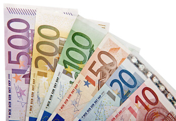 Euro banknotes on white background