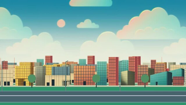 Colored urban landscape with road and bright houses parallax background