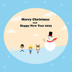 Snowman with chrildren celebrate merry christmas and happy new year with snow winter postcard vector