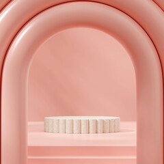 bright pink arch and wall scene 3D rendering mockup template white color podium in square
