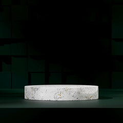 3D render mockup space white marble podium in square dark green textured wall
