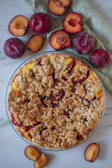 sweet German plum cake (Zwetschgenkuchen) with crumbles
