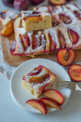 sweet German plum cake (Zwetschgenkuchen) with crumbles