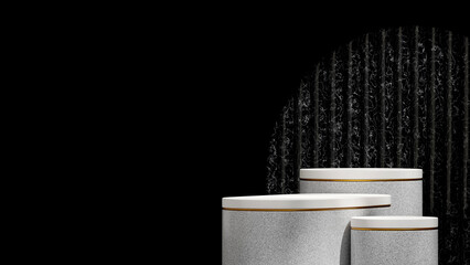 mockup template white granite and gold podium in landscape black marble wall 3D rendering
