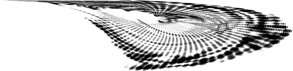 A concentric halftone spiral flowing down and spreading from one point. Dotted or polka dot outline in perspective. Vector.