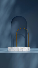 in portrait gold arch and shadow blue wall 3D render image blank mockup white block marble podium
