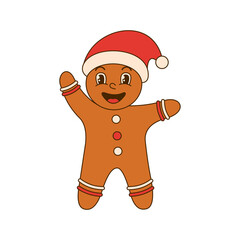 Holiday gingerbread man cookie in Santa hat isolated on white background.