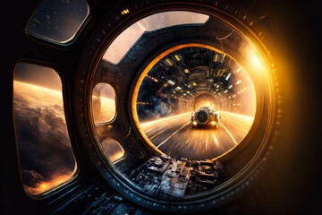 Inside of a Spaceship Driving at Hyper Speed, Space Travellers flying through the space, Astronauts in Space, Spacecraft travel backgrounds, 