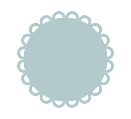 Circle scalloped frame. Scalloped edge round shape. Simple label and sticker form. Flower silhouette lace frame. Repeat cute vintage frill ornament. Vector illustration isolated on white background.