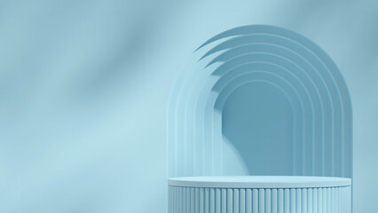 textured cylinder podium in landscape sky blue wall and arch background 3D image render scene mockup
