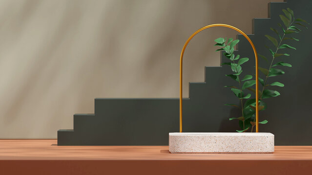 gold arch, green plant and stairs 3D render image empty scene nature terrazzo podium in landscape
