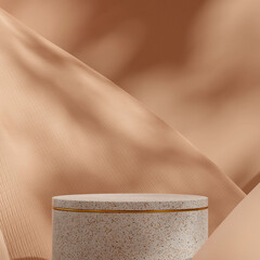 template mockup natural terrazzo podium in square brown cloth and wall background 3D image render
