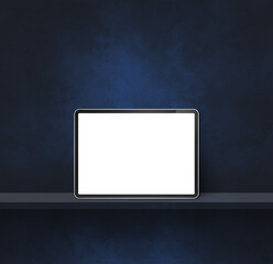 Digital tablet pc on black wall shelf. Square background banner