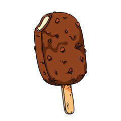 chocolate stick ice cream sketch hand drawn vector popsicle vanilla bar, frozen milk, almond bite vintage color line illustration