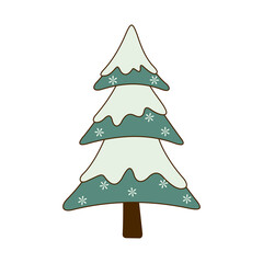 Hand drawn Christmas fir tree with snow icon isolated on white background.