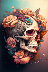 Human skull and flowers on a black background. Day of the dead. 