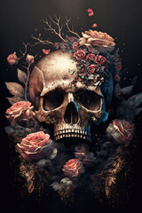 Human skull and flowers on a black background. Day of the dead.  - obrazy, fototapety, plakaty