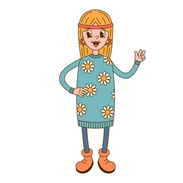 Cute hippie happy girl in winter sweater with daisy in cartoon style isolated on white background.