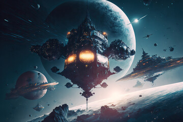 Spaceship in cosmos, fantasy sci fi epic scenery