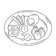 Chinese cuisine dish doodle illustration. Asianfood on plate ink sketch. Dim sum, egg, broccoli set isolated vector clip art
