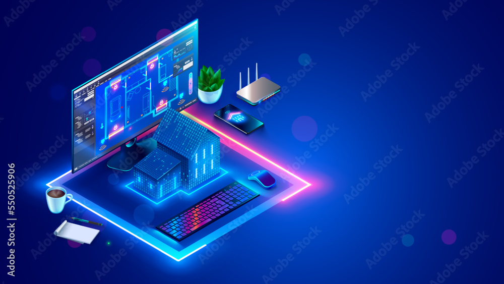 Fototapete Smart home system programming software. Engineering development of smart house system. Design project in CAD programs of Smart building. Engineering setting up work scenarios IOT. Internet of things.