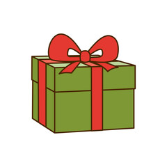 Green gift box icon with red bow isolated on white background.