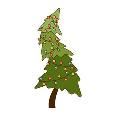 Funny Christmas tree with garland isolated on white background.