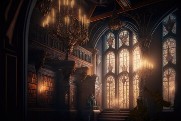 Fototapeta premium AI generated image of a large ancient library with high gothic arches, stained glass windows, vintage wooden furniture and magical lights 