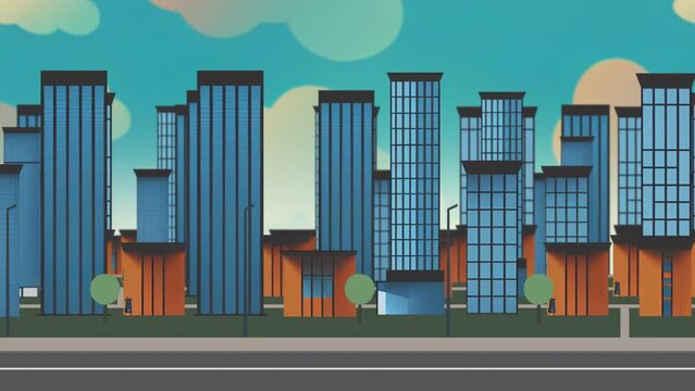 Abstract cartoon cut out style city with tall skyscrapers buildings parallax background