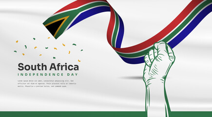 Banner illustration of South Africa independence day celebration with text space. Waving flag and hands clenched. Vector illustration. © armankra19