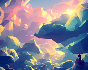 Obraz premium Bright Sun Behind the Clouds - Polygonal Landscape Art 