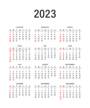 Calendar for 2023 on a white background. Monthly calendar for 2023. The week starts on Sunday.