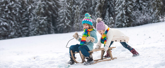 Funny children in snow ride on sled. Winter outdoors games. Happy Christmas family vacation concept. Kids enjoy the holiday. - obrazy, fototapety, plakaty