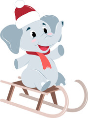 baby elephant in a red New Year's hat and scarf sledding, winter entertainment 