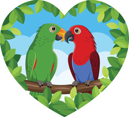 Cartoon Parrots Lovely Couple on Tree Branch
