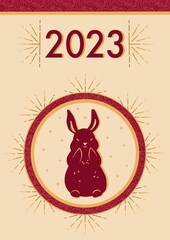 New Year greeting card. A flat illustration with a gold coin, a hare and the numbers 2023.