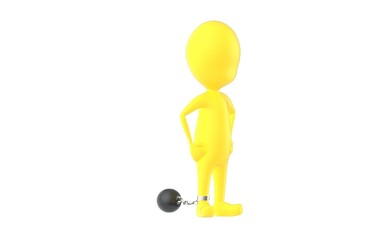 3d yellow character , leg tied to a weight