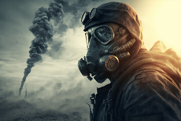 Post apocalyptic survivor in gas mask. Environmental disaster, armageddon concept. - obrazy, fototapety, plakaty