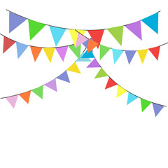Greeting or Birthday party invitation with carnival,bunting flag garlands. Part decorating concept with colorful hanging above. Happy birthday.  with copy space for your text.
