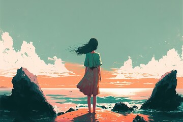 fille face à la mer,illustration de peinture numérique