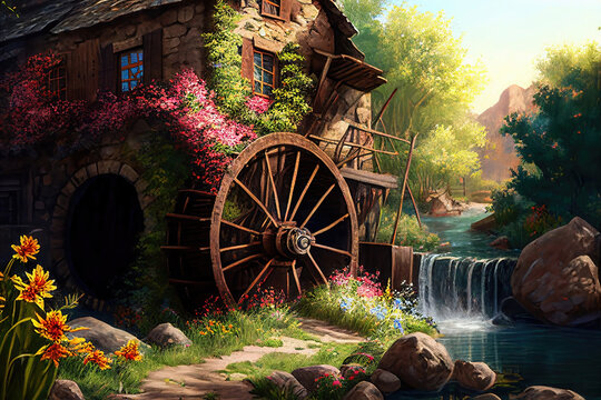 AI generated image on a vintage water-mill similar to the Glade Creek Gristmill during autumn	
