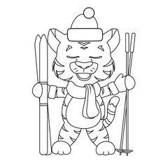 a tiger cub in a New Year's hat, scarf and mittens stands with skis and ski poles, line, sketch 