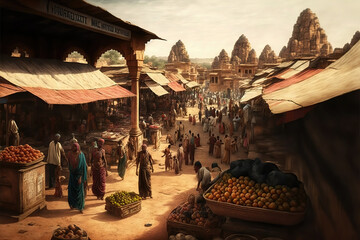 AI generated image of an ancient Indian market with many small shops and customers in attendance - obrazy, fototapety, plakaty